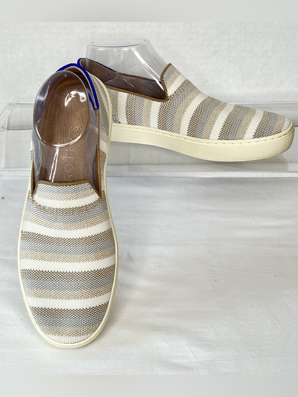 Rothy’s The Original Slip-on Sneaker, Beige, Cream and Grey Stripes, Women’s 9.5